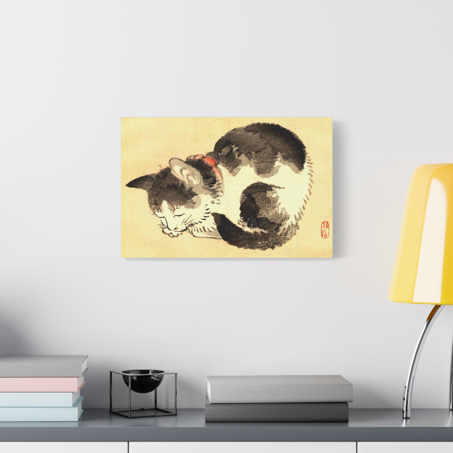 Sleeping Cat Vintage Sumi-e Canvas Print — Japanese Ink Cat Wall Art