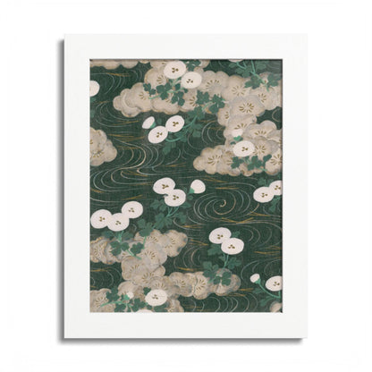 Elegant Green Chiyogami Framed Poster - Vintage Japanese Floral & Flowing Water Wall Art