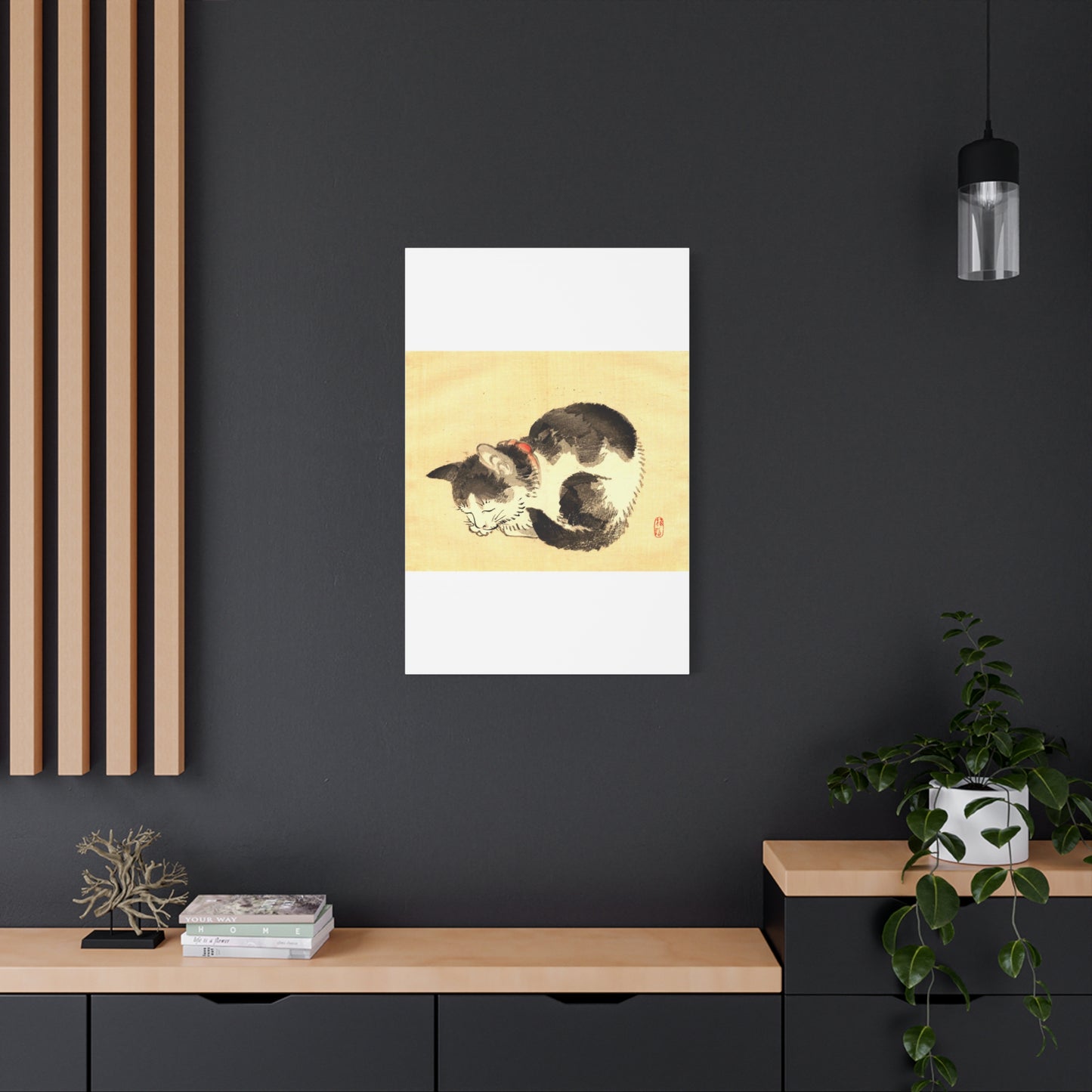 Sleeping Cat Vintage Sumi-e Canvas Print — Japanese Ink Cat Wall Art