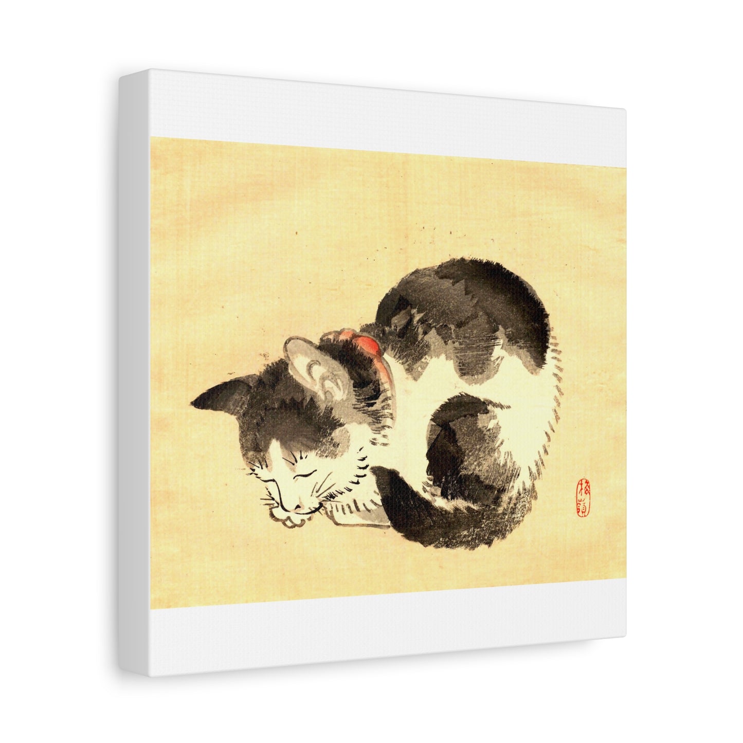 Sleeping Cat Vintage Sumi-e Canvas Print — Japanese Ink Cat Wall Art