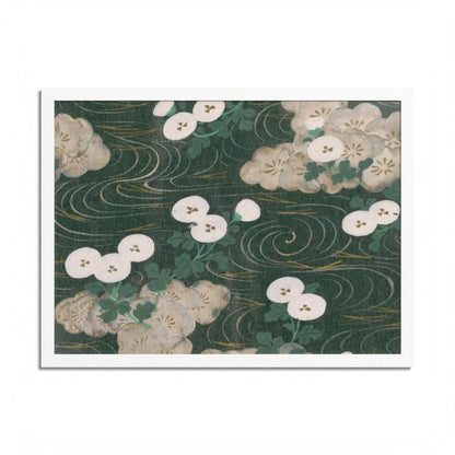 Elegant Green Chiyogami Framed Poster - Vintage Japanese Floral & Flowing Water Wall Art