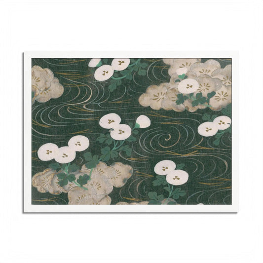 Elegant Green Chiyogami Framed Poster - Vintage Japanese Floral & Flowing Water Wall Art