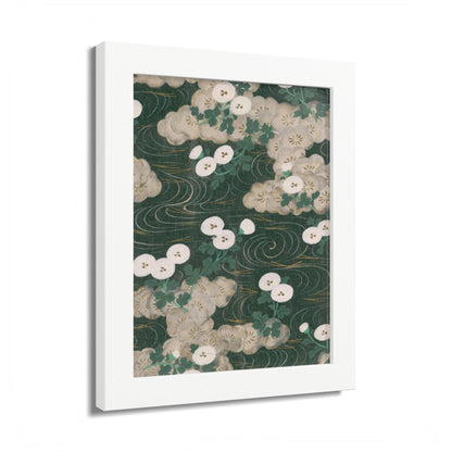 Elegant Green Chiyogami Framed Poster - Vintage Japanese Floral & Flowing Water Wall Art