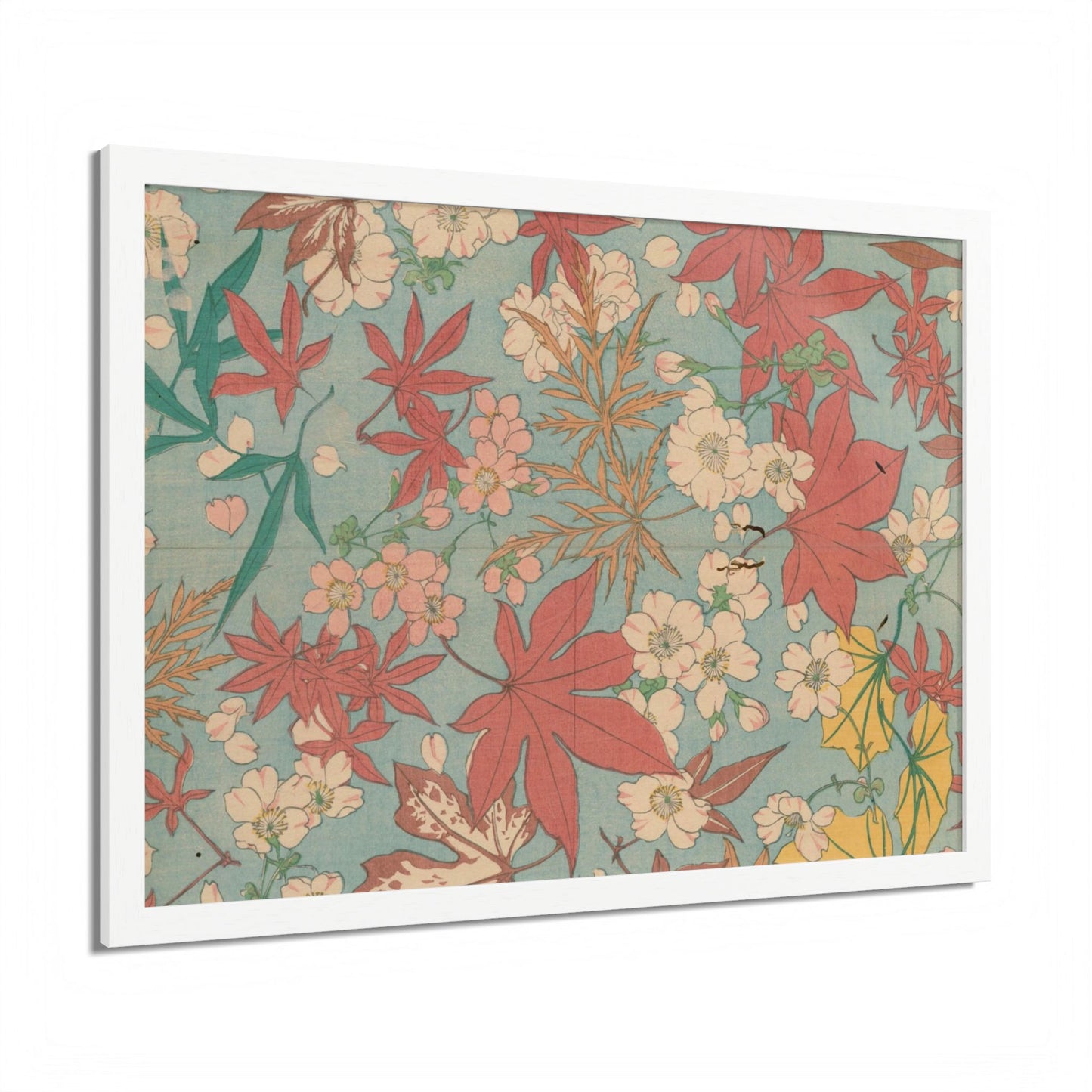 Antique Japanese Maple & Autumn Bloom Framed Poster - Meiji Era Nishikishu Wall Art