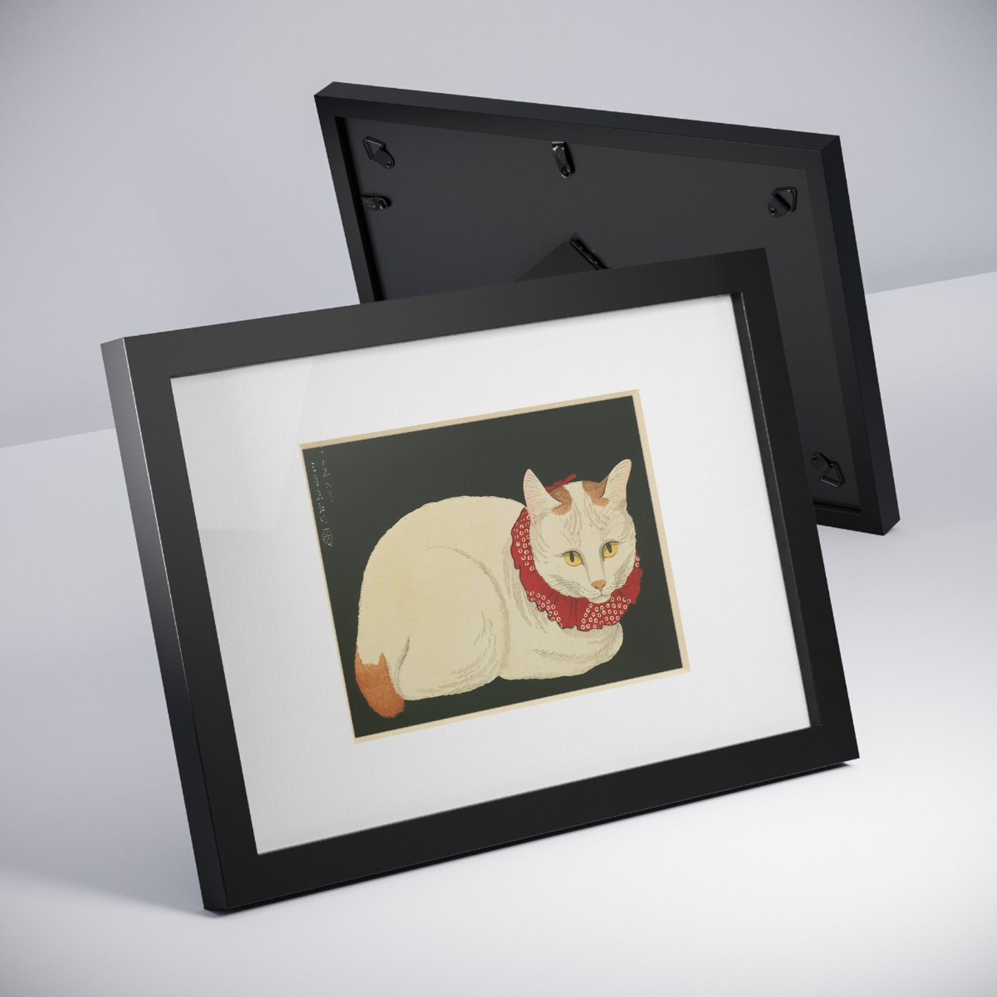 White Cat Japanese Woodblock Framed Poster – Nihon Fukei Senshu Vol.6, 1924