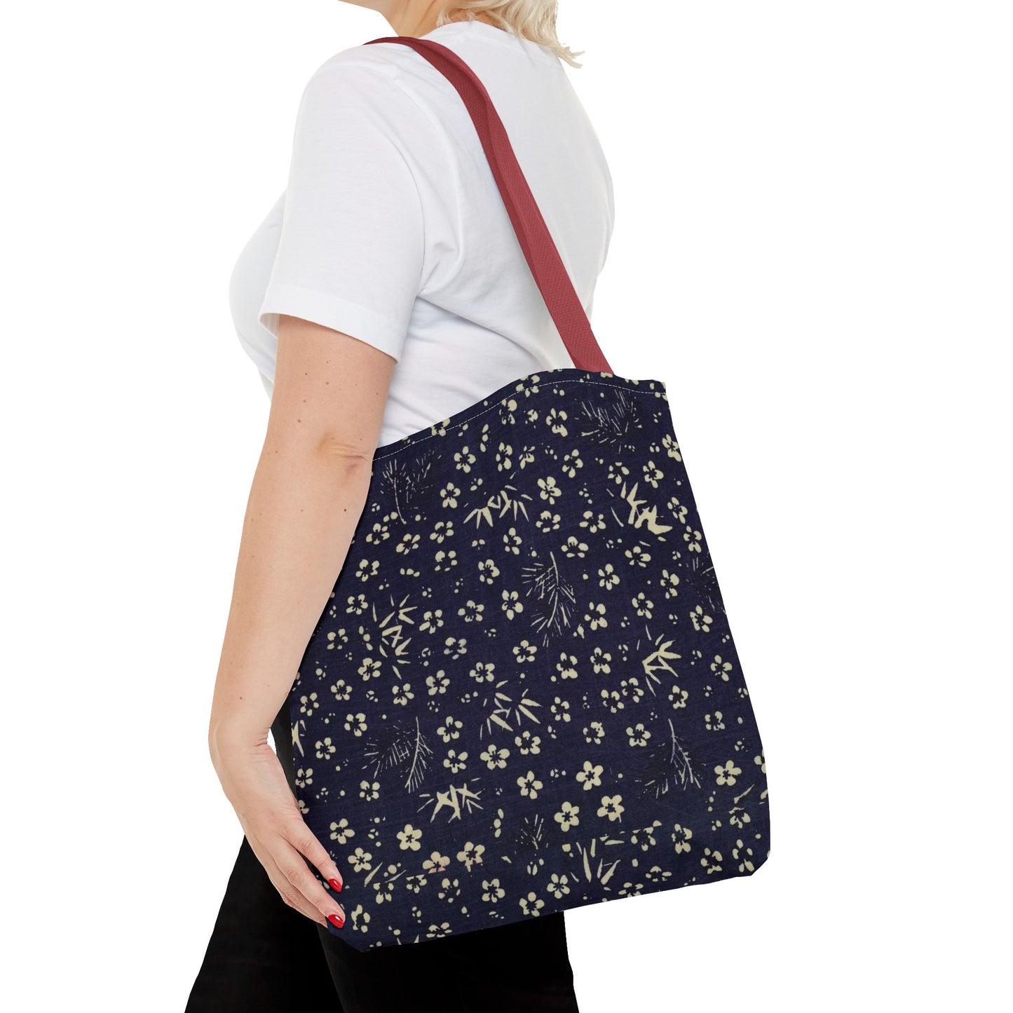 Taisho Era Shochikubai Tote Bag | 1926 Pine Bamboo Plum Japanese Chiyogami Art | Navy Floral