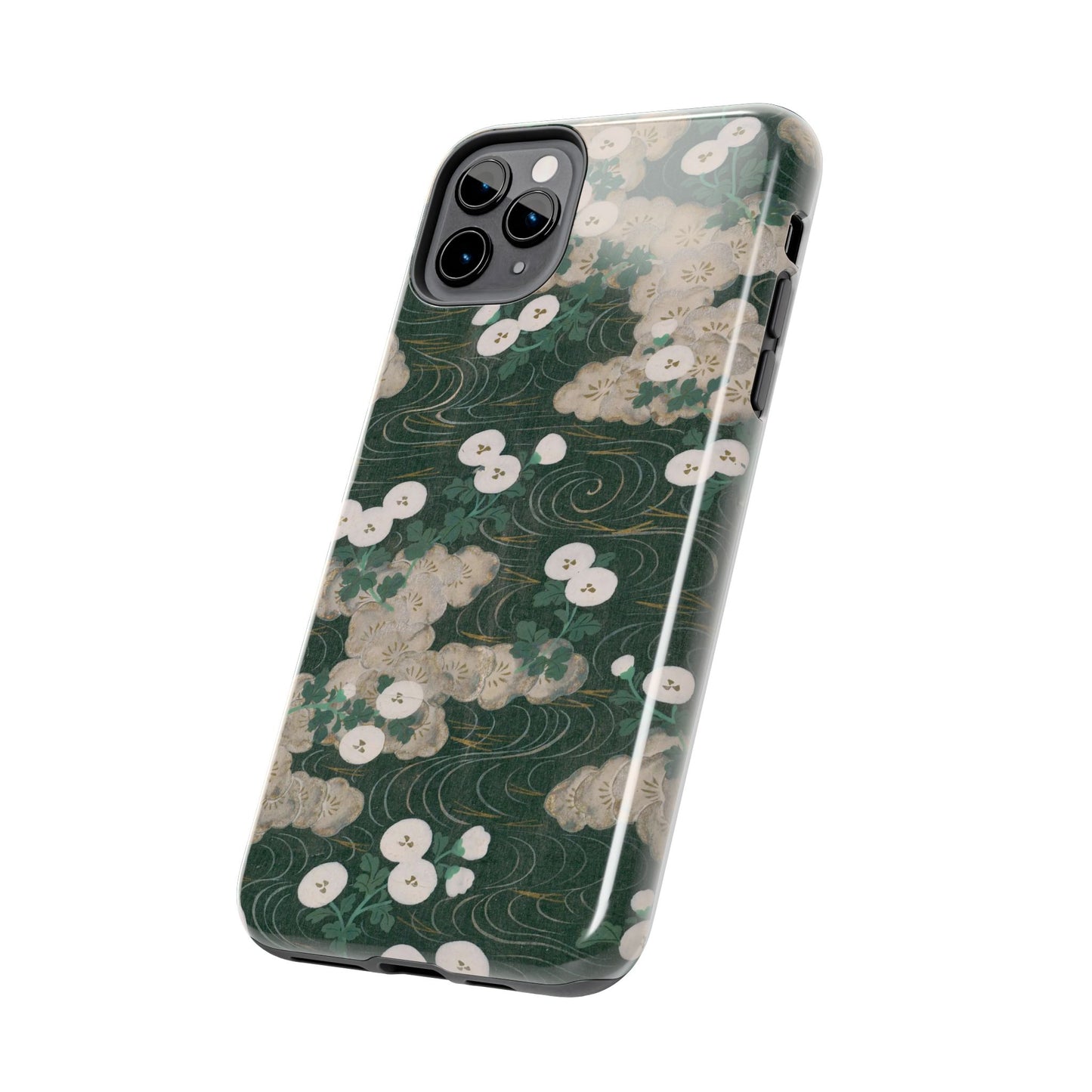Meiji Era Flowing Water & White Flower Phone Case | 1901 Illustrated Compendium of 100 Designs | Forest Green Japanese Art