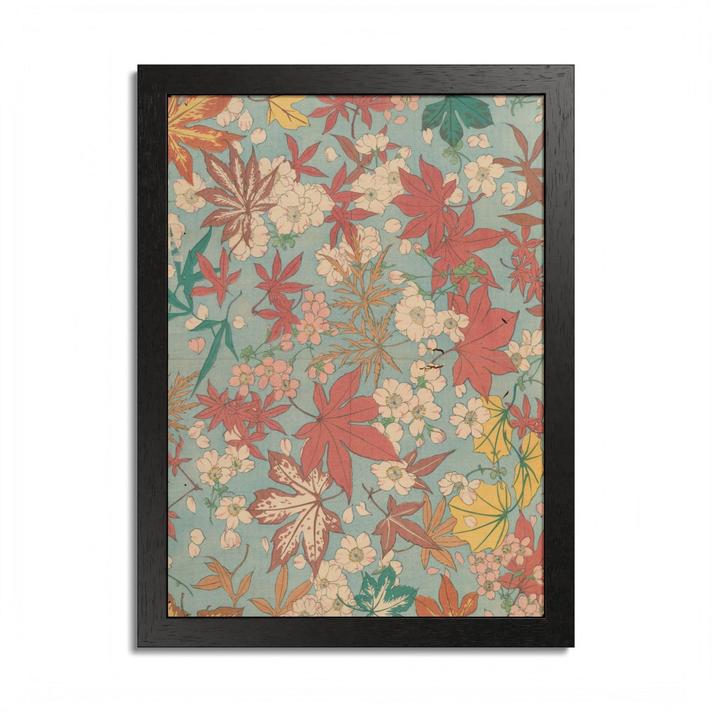 Antique Japanese Maple & Autumn Bloom Framed Poster - Meiji Era Nishikishu Wall Art
