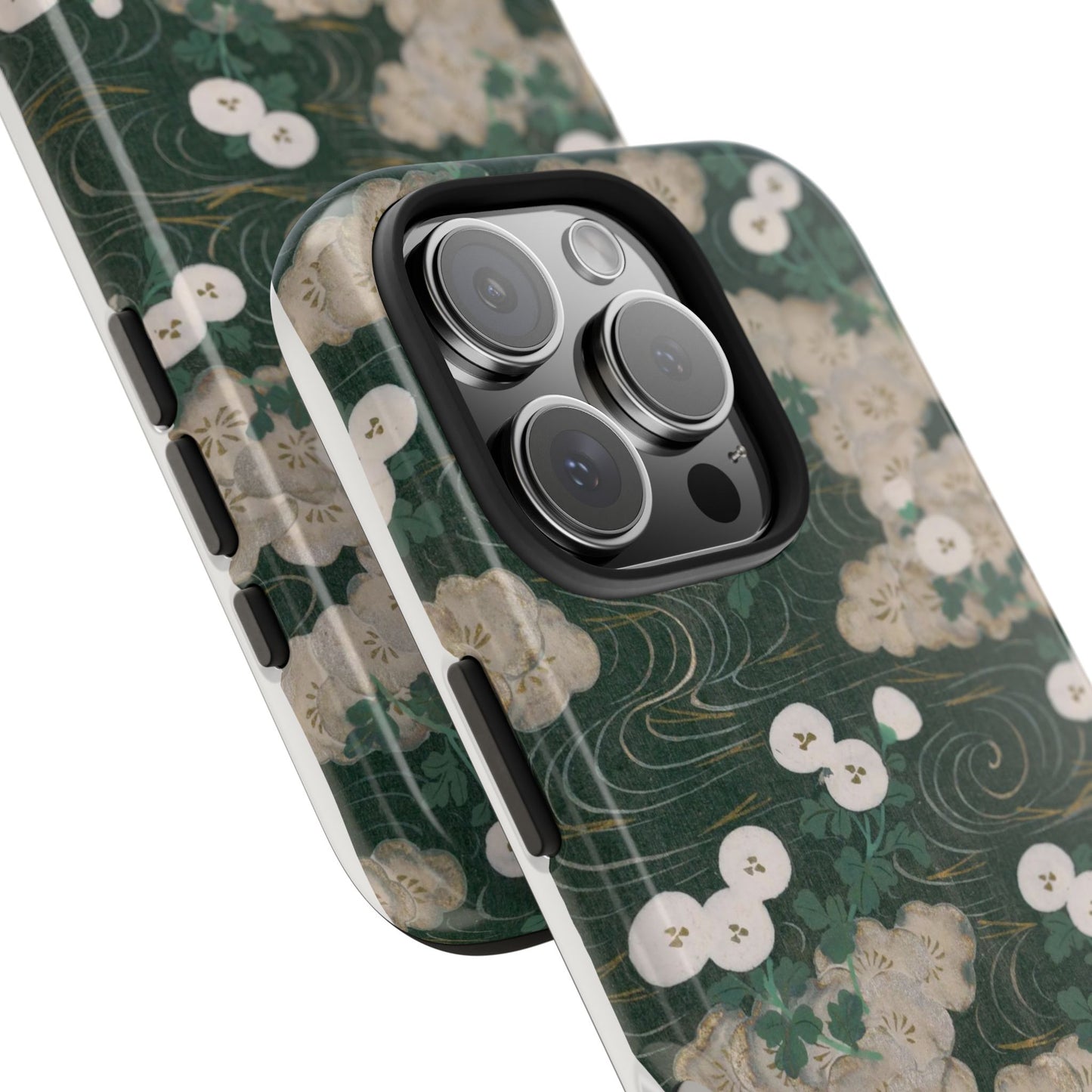 Meiji Era Flowing Water & White Flower Phone Case | 1901 Illustrated Compendium of 100 Designs | Forest Green Japanese Art