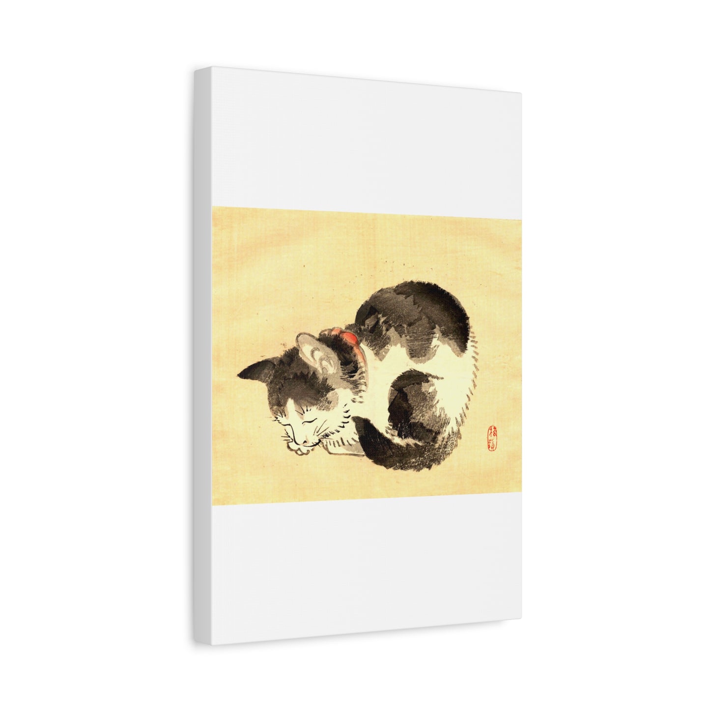 Sleeping Cat Vintage Sumi-e Canvas Print — Japanese Ink Cat Wall Art