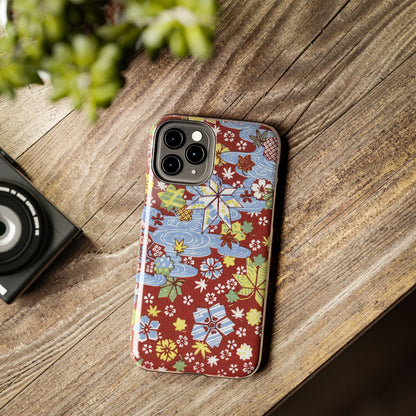 Taisho Umbrella Tales | 1926 Sakura, Momiji & Flowing Water Phone Case | Vintage Chiyogami Art