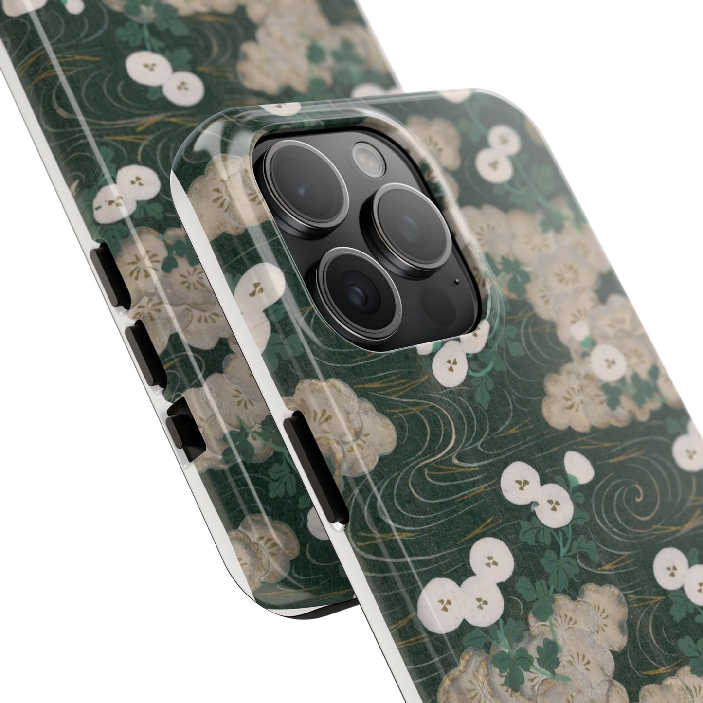 Meiji Era Flowing Water & White Flower Phone Case | 1901 Illustrated Compendium of 100 Designs | Forest Green Japanese Art
