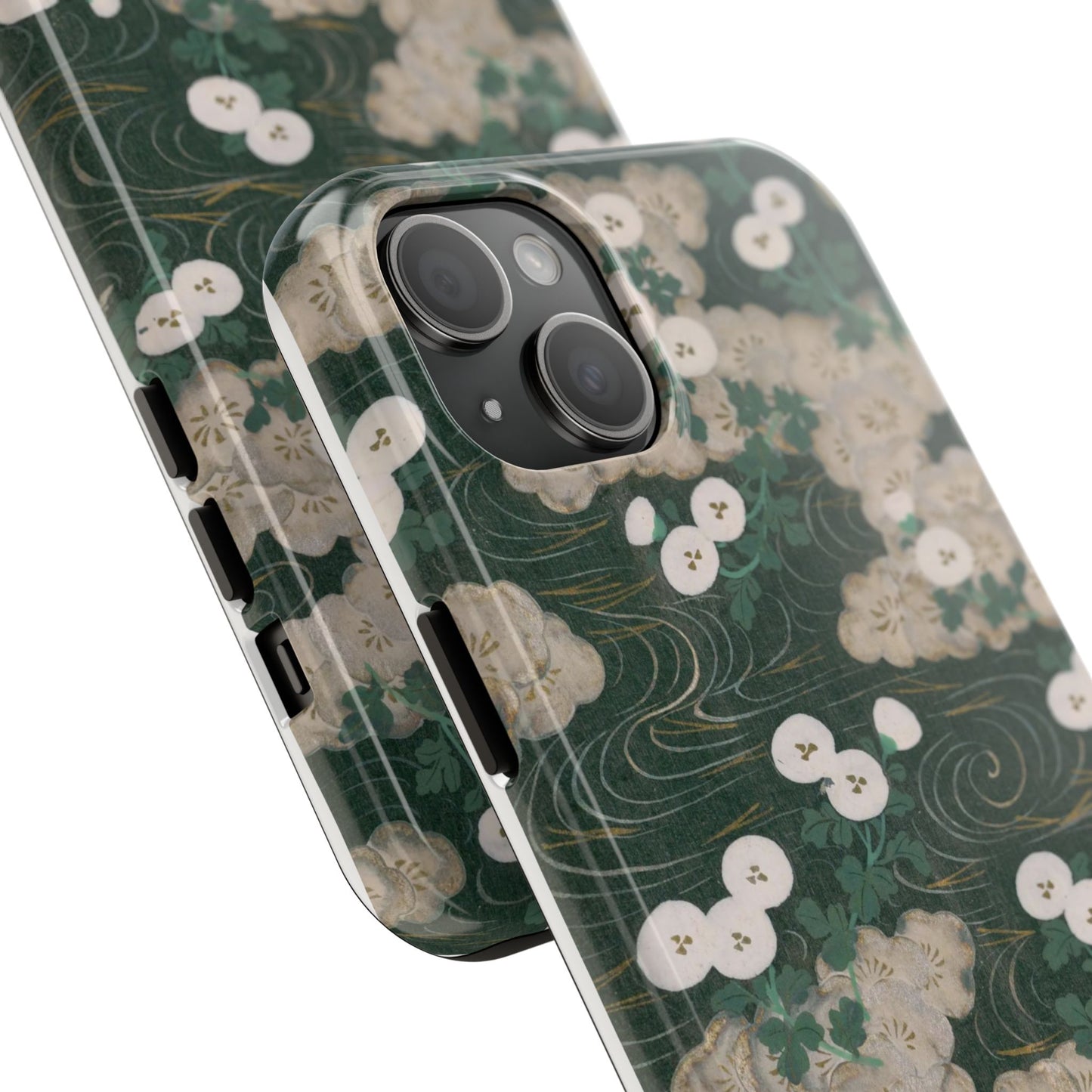 Meiji Era Flowing Water & White Flower Phone Case | 1901 Illustrated Compendium of 100 Designs | Forest Green Japanese Art
