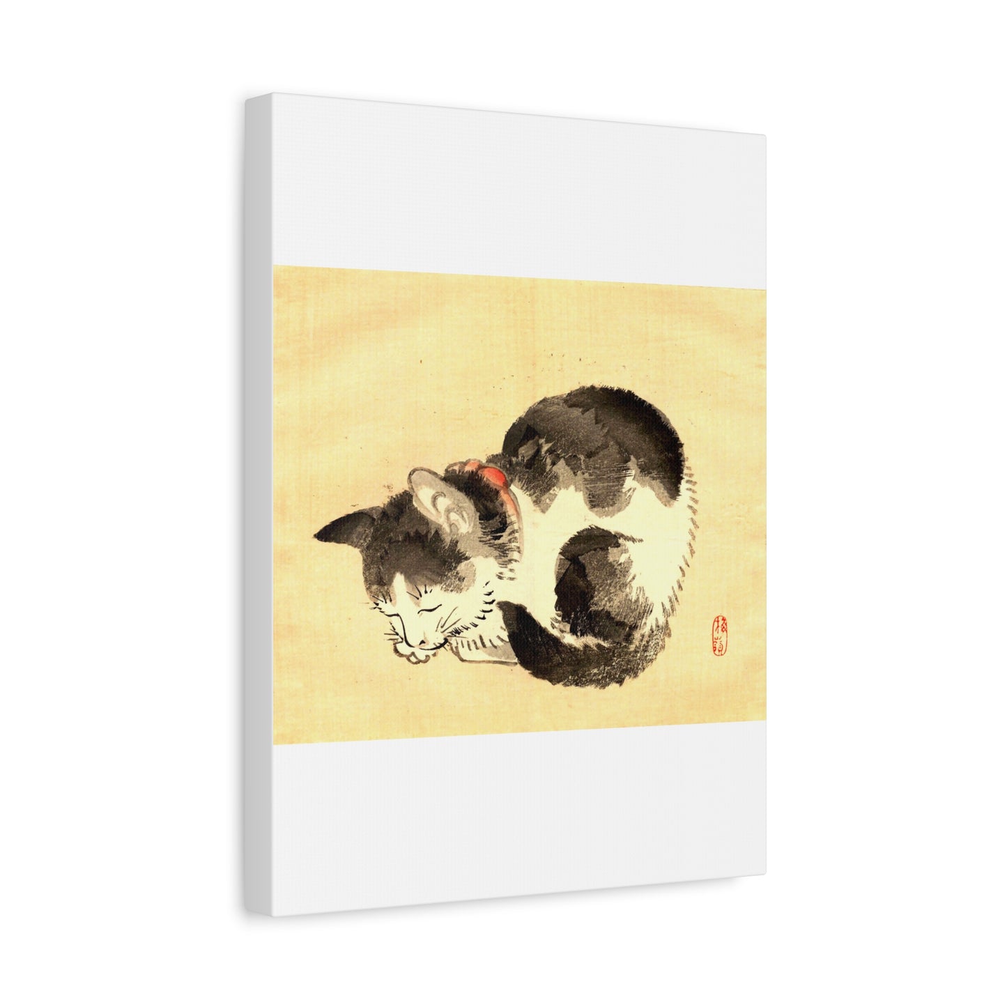 Sleeping Cat Vintage Sumi-e Canvas Print — Japanese Ink Cat Wall Art