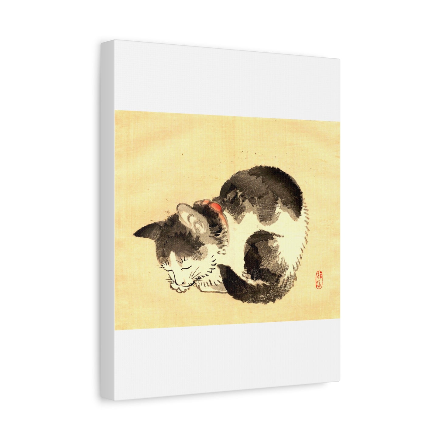 Sleeping Cat Vintage Sumi-e Canvas Print — Japanese Ink Cat Wall Art
