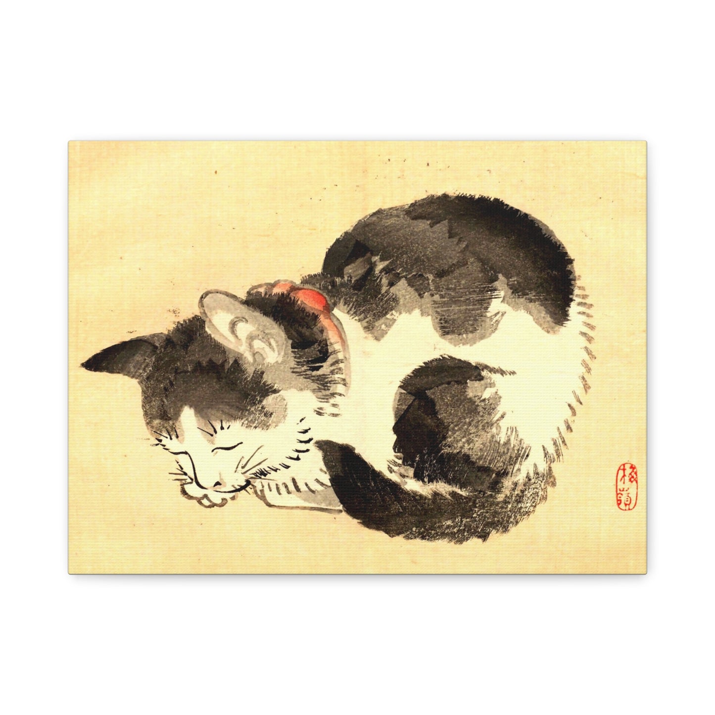 Sleeping Cat Vintage Sumi-e Canvas Print — Japanese Ink Cat Wall Art