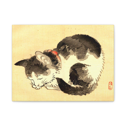 Sleeping Cat Vintage Sumi-e Canvas Print — Japanese Ink Cat Wall Art