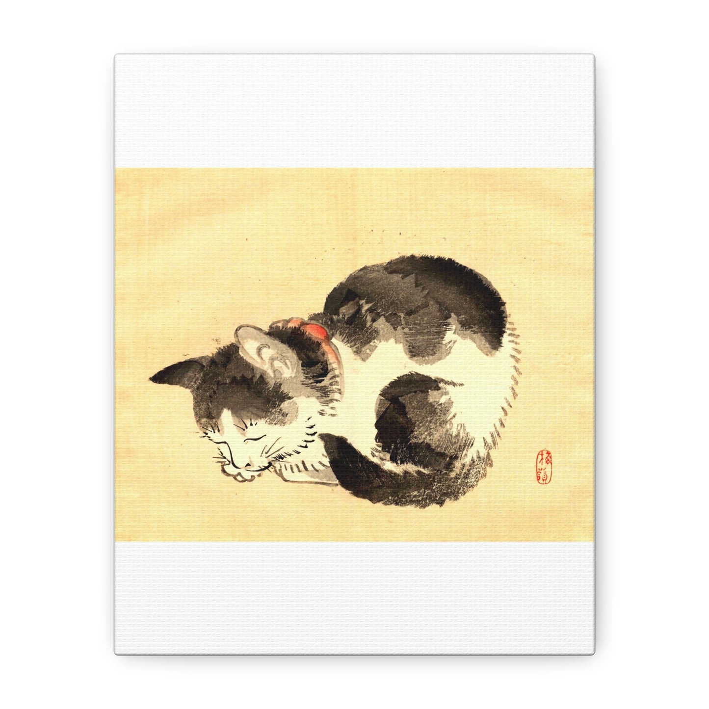 Sleeping Cat Vintage Sumi-e Canvas Print — Japanese Ink Cat Wall Art