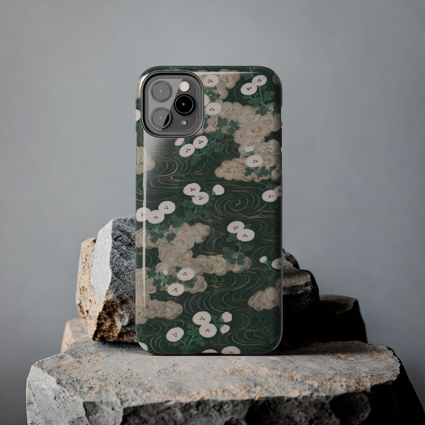 Meiji Era Flowing Water & White Flower Phone Case | 1901 Illustrated Compendium of 100 Designs | Forest Green Japanese Art