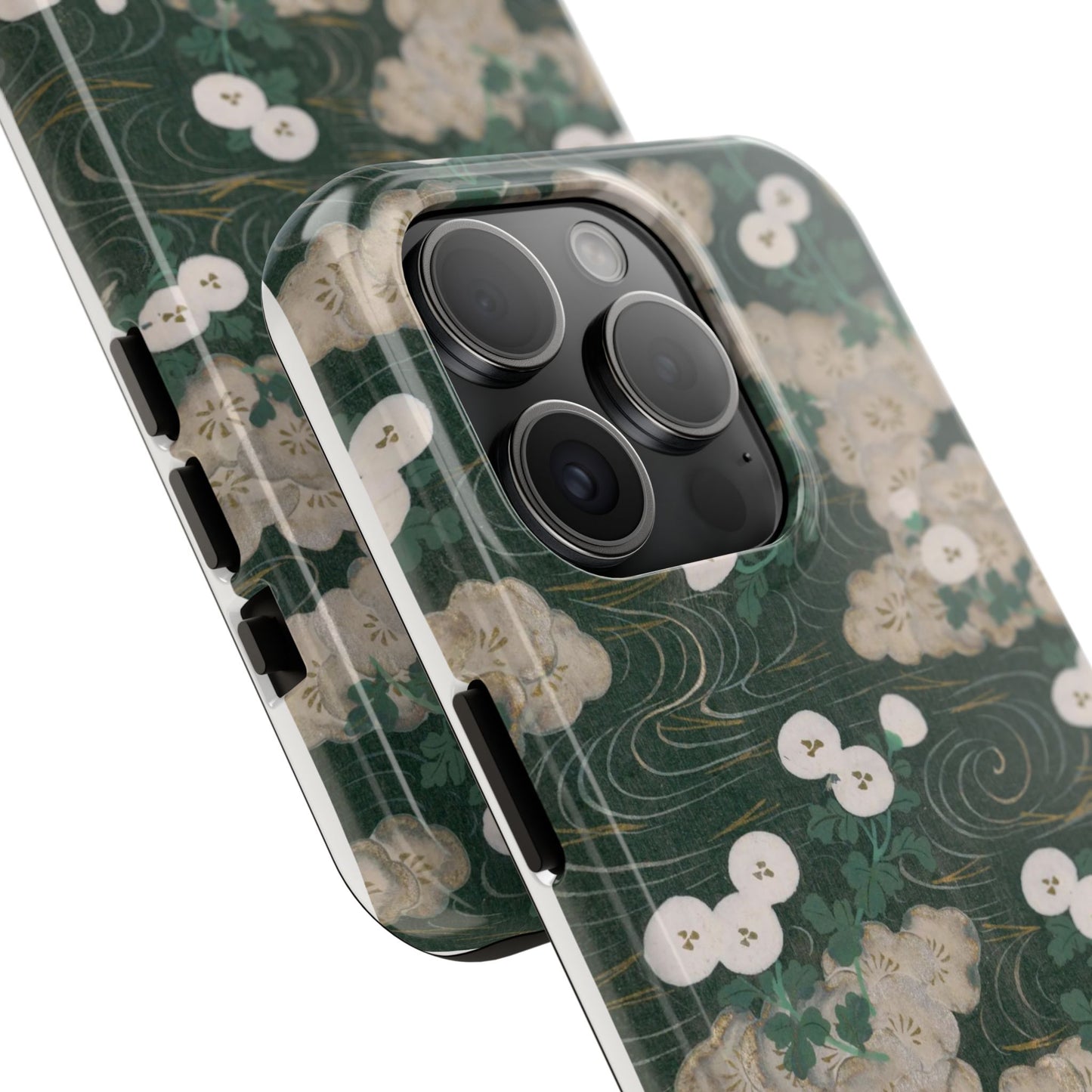 Meiji Era Flowing Water & White Flower Phone Case | 1901 Illustrated Compendium of 100 Designs | Forest Green Japanese Art