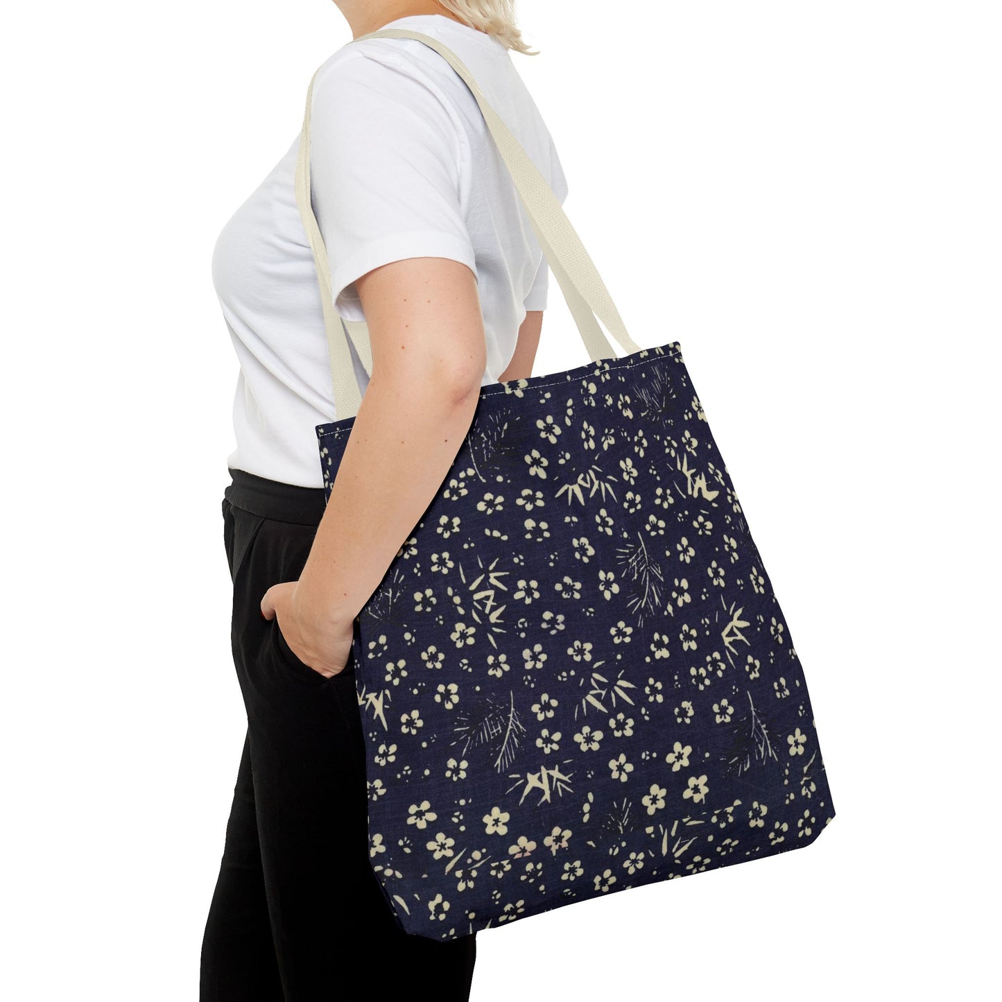 Taisho Era Shochikubai Tote Bag | 1926 Pine Bamboo Plum Japanese Chiyogami Art | Navy Floral