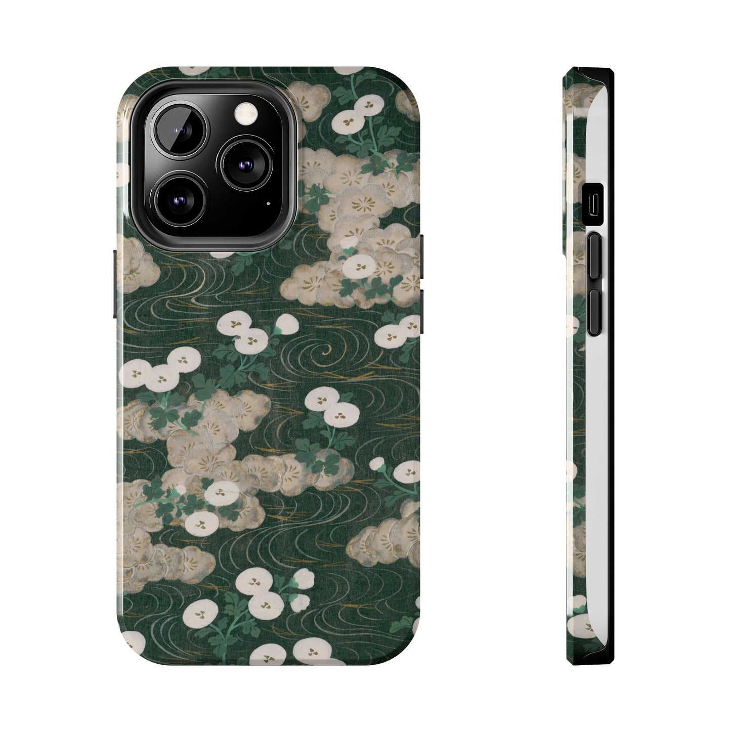 Meiji Era Flowing Water & White Flower Phone Case | 1901 Illustrated Compendium of 100 Designs | Forest Green Japanese Art