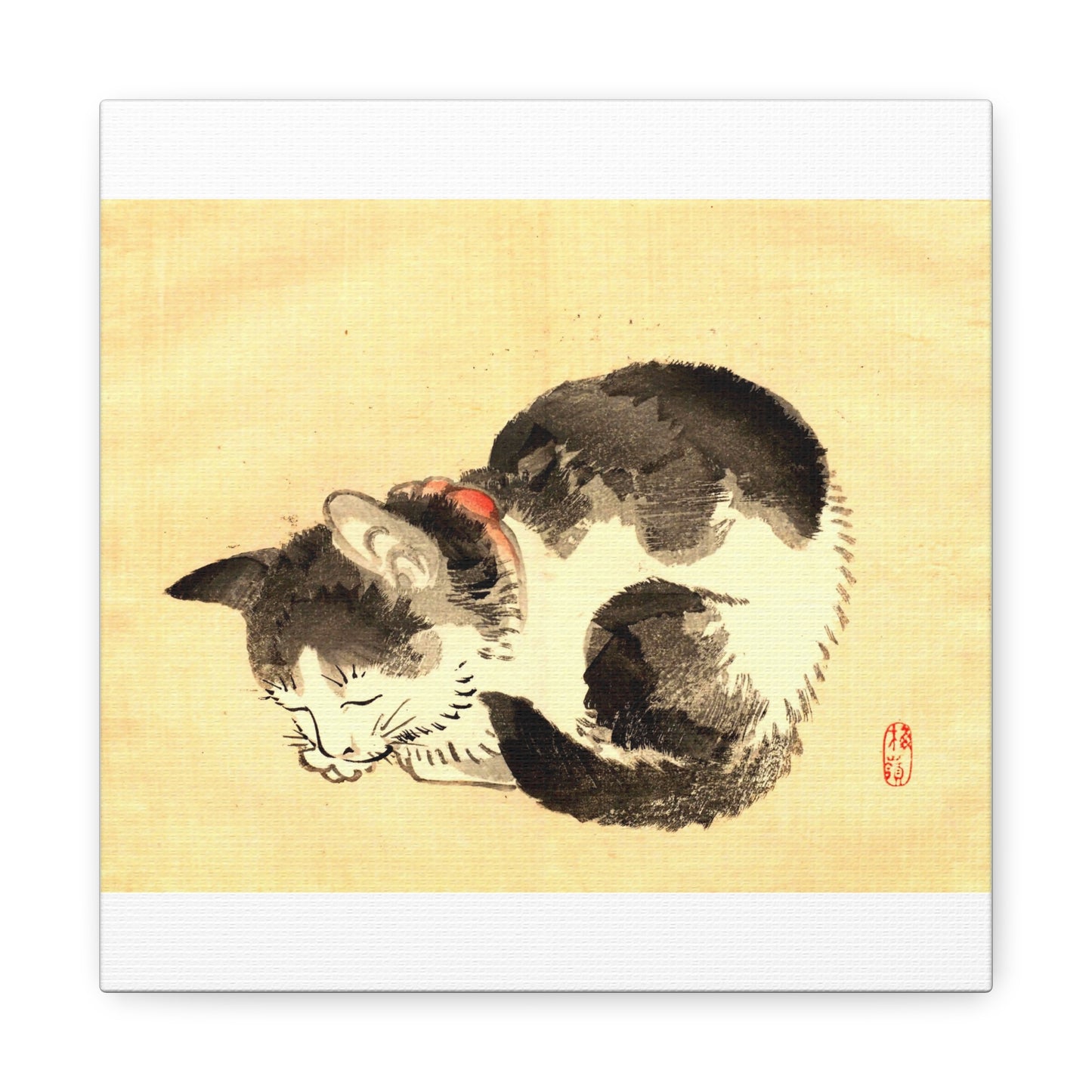 Sleeping Cat Vintage Sumi-e Canvas Print — Japanese Ink Cat Wall Art