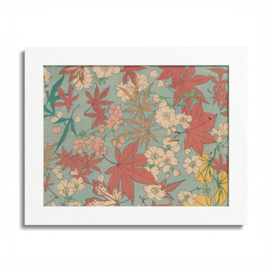 Antique Japanese Maple & Autumn Bloom Framed Poster - Meiji Era Nishikishu Wall Art