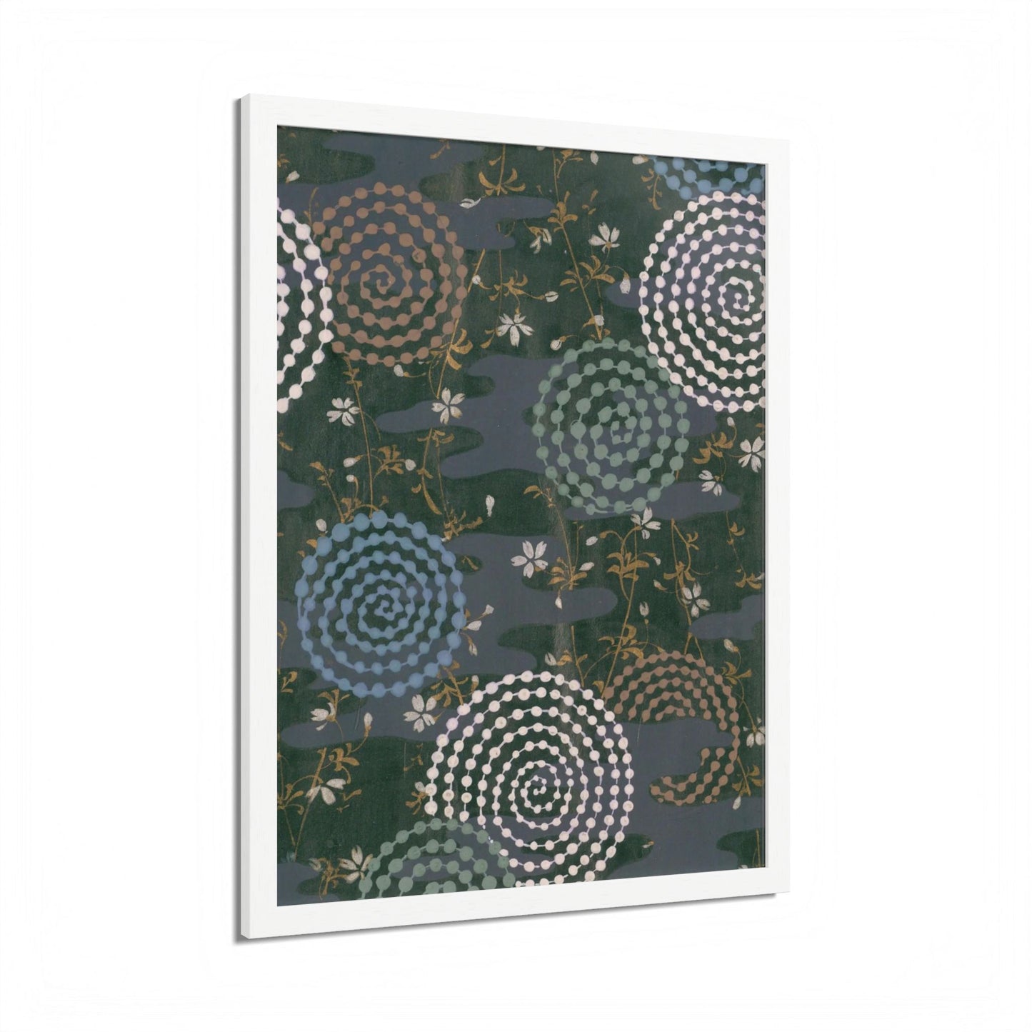 Antique Japanese Spiral & Hanabi Framed Poster - Meiji Era Traditional Pattern Wall Art