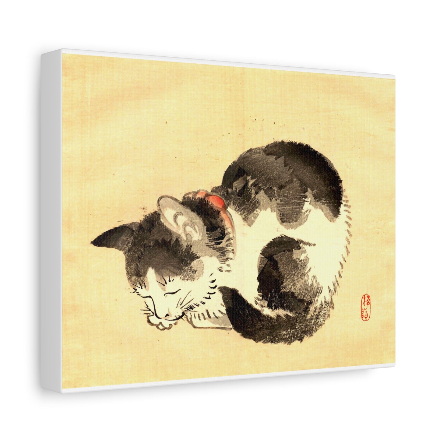 Sleeping Cat Vintage Sumi-e Canvas Print — Japanese Ink Cat Wall Art
