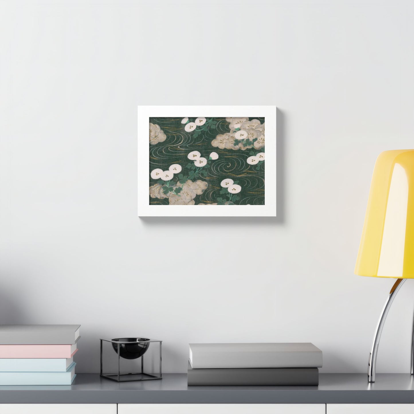 Elegant Green Chiyogami Framed Poster - Vintage Japanese Floral & Flowing Water Wall Art