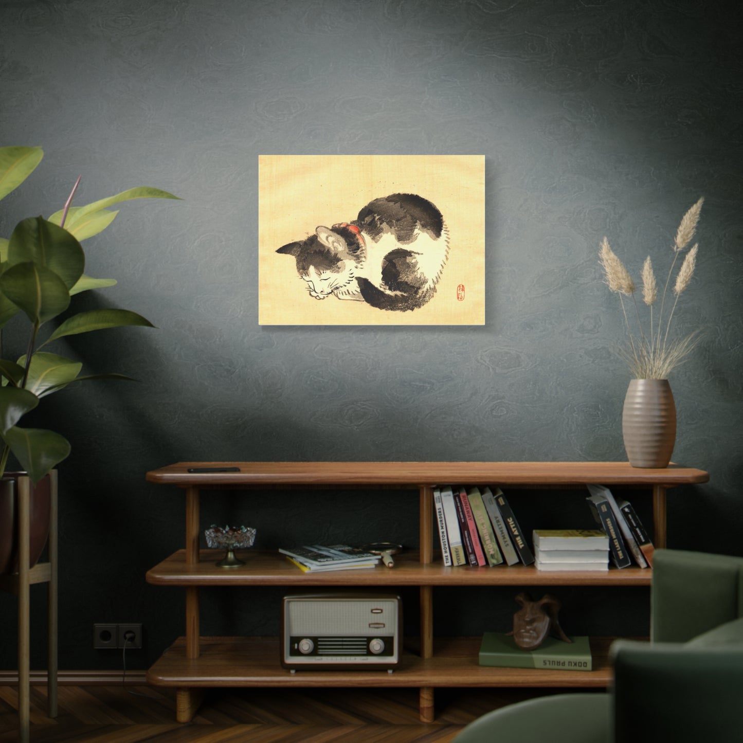 Sleeping Cat Vintage Sumi-e Canvas Print — Japanese Ink Cat Wall Art