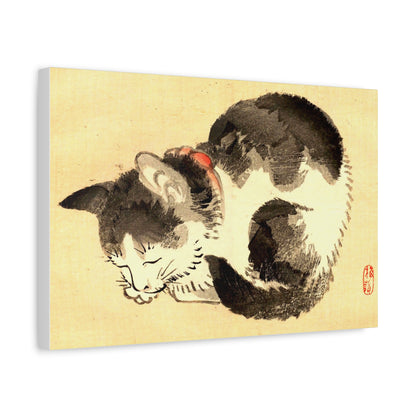 Sleeping Cat Vintage Sumi-e Canvas Print — Japanese Ink Cat Wall Art