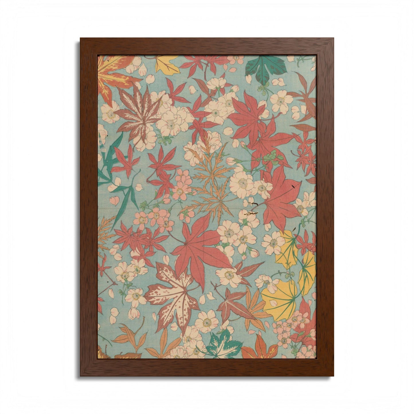 Antique Japanese Maple & Autumn Bloom Framed Poster - Meiji Era Nishikishu Wall Art