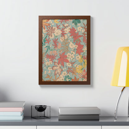 Antique Japanese Maple & Autumn Bloom Framed Poster - Meiji Era Nishikishu Wall Art