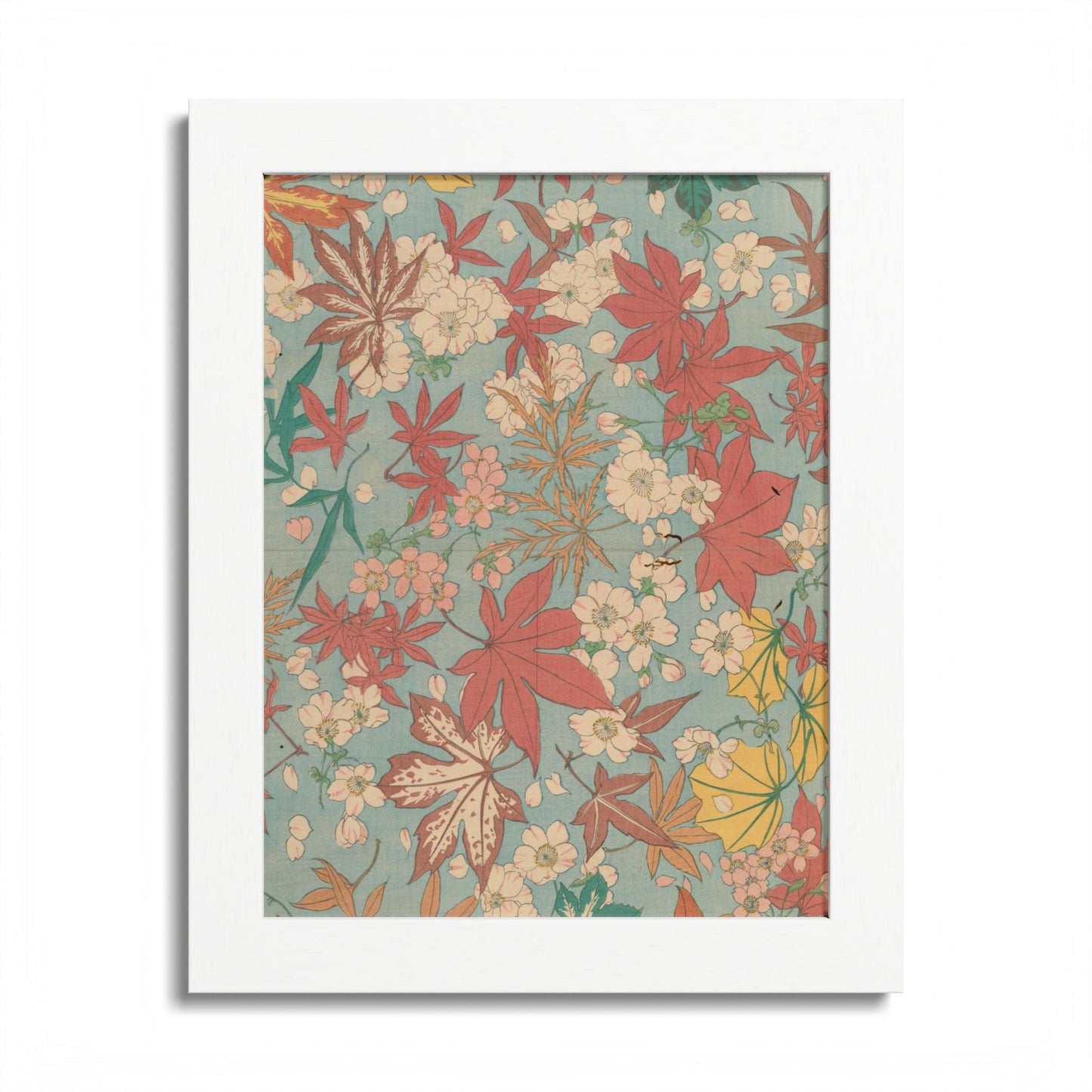 Antique Japanese Maple & Autumn Bloom Framed Poster - Meiji Era Nishikishu Wall Art