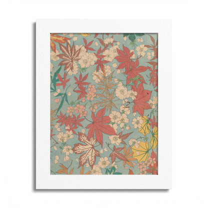 Antique Japanese Maple & Autumn Bloom Framed Poster - Meiji Era Nishikishu Wall Art