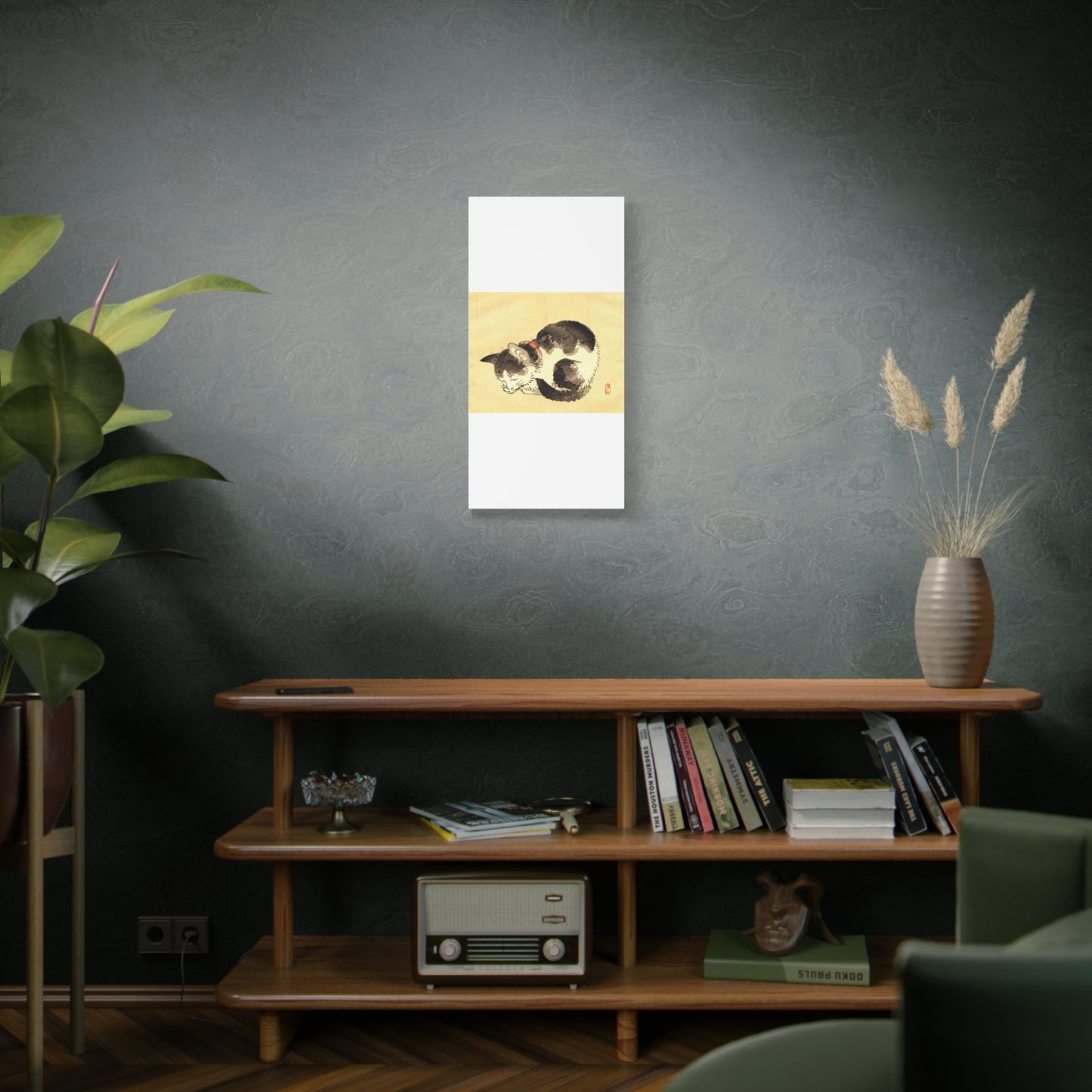 Sleeping Cat Vintage Sumi-e Canvas Print — Japanese Ink Cat Wall Art