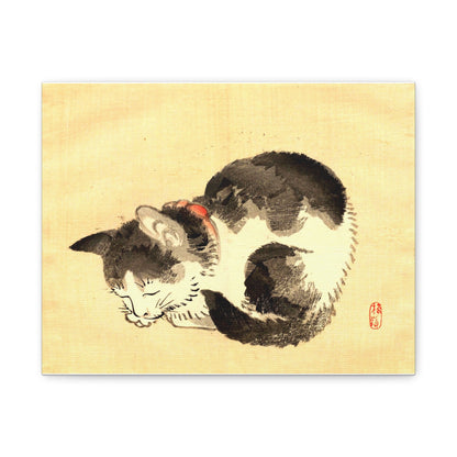Sleeping Cat Vintage Sumi-e Canvas Print — Japanese Ink Cat Wall Art