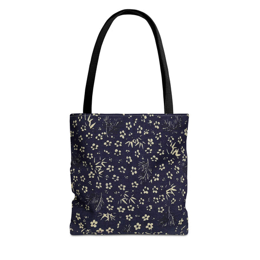 Taisho Era Shochikubai Tote Bag | 1926 Pine Bamboo Plum Japanese Chiyogami Art | Navy Floral