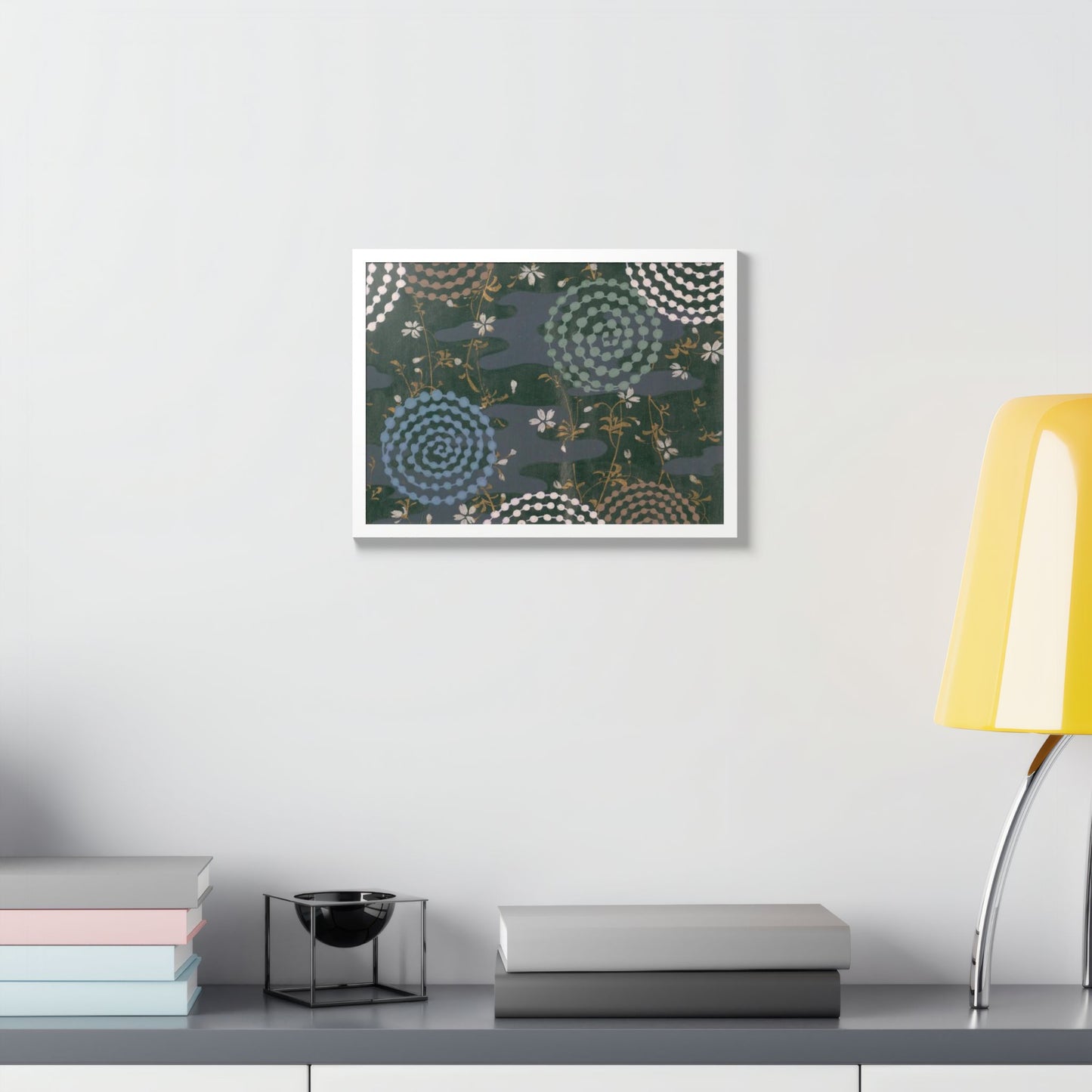 Antique Japanese Spiral & Hanabi Framed Poster - Meiji Era Traditional Pattern Wall Art