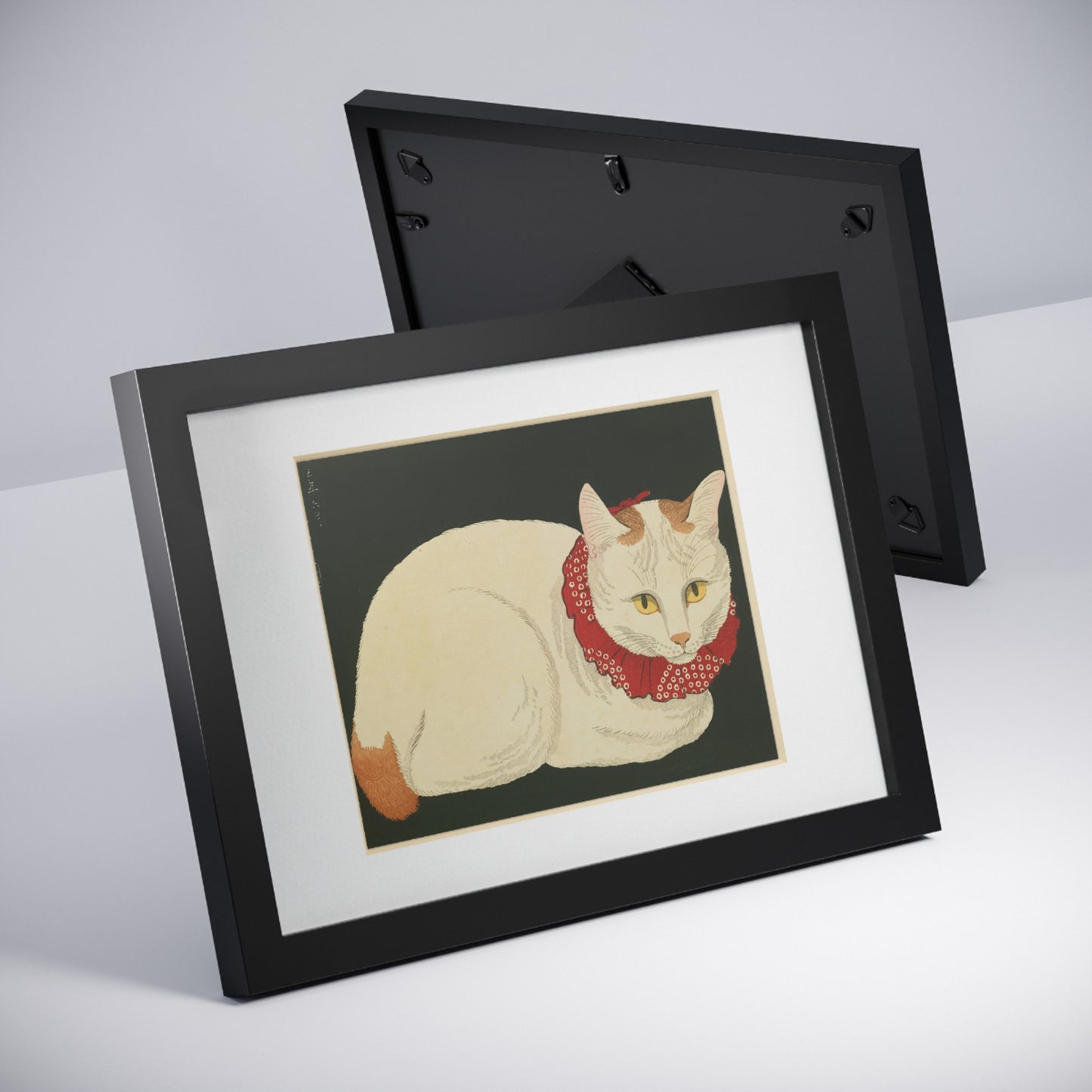White Cat Japanese Woodblock Framed Poster – Nihon Fukei Senshu Vol.6, 1924