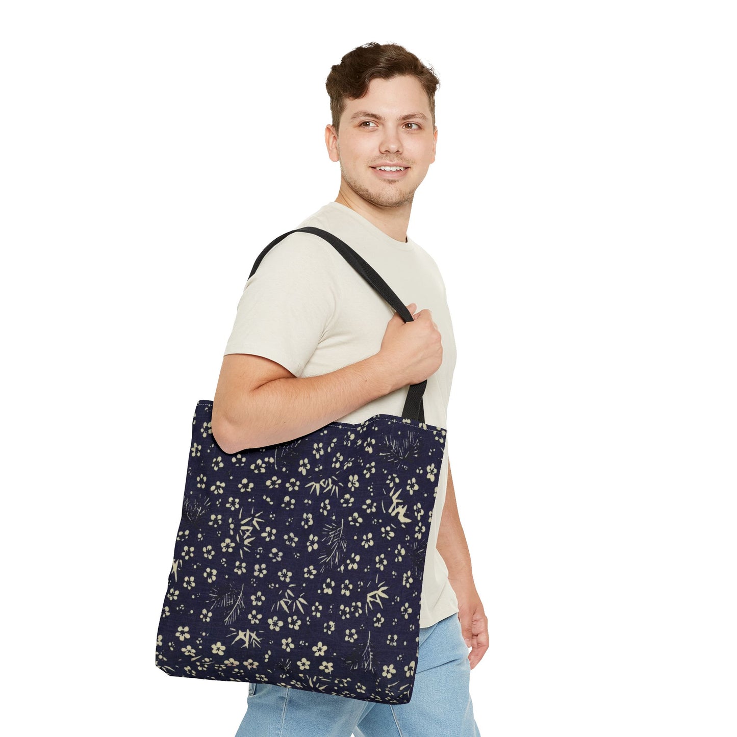 Taisho Era Shochikubai Tote Bag | 1926 Pine Bamboo Plum Japanese Chiyogami Art | Navy Floral