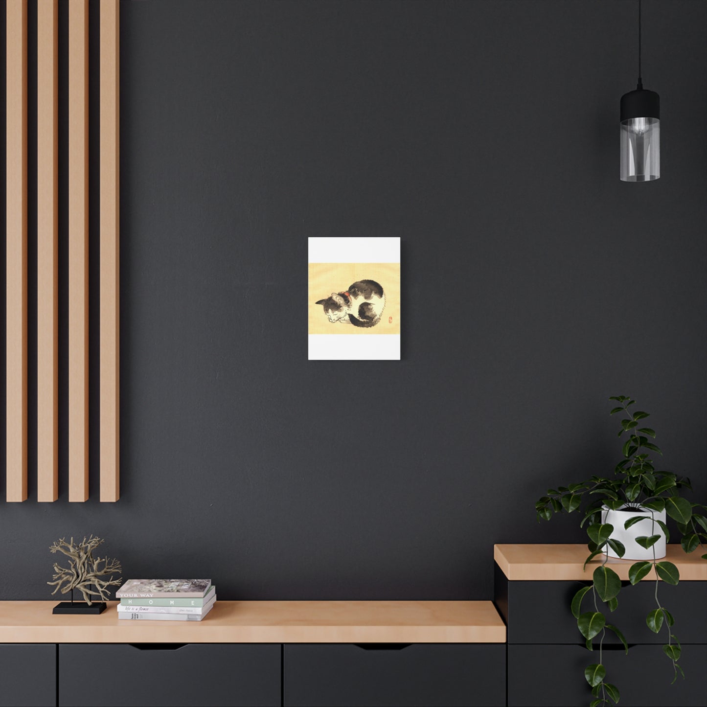 Sleeping Cat Vintage Sumi-e Canvas Print — Japanese Ink Cat Wall Art