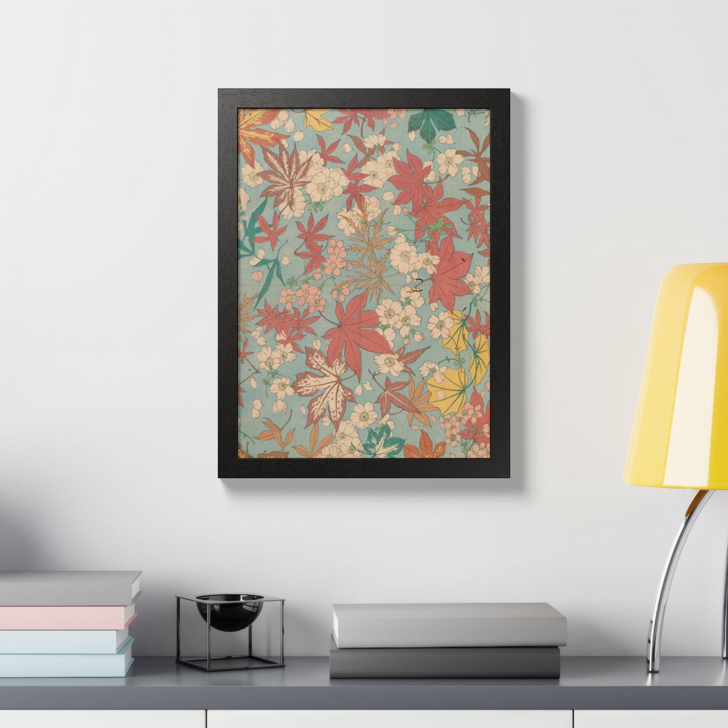 Antique Japanese Maple & Autumn Bloom Framed Poster - Meiji Era Nishikishu Wall Art