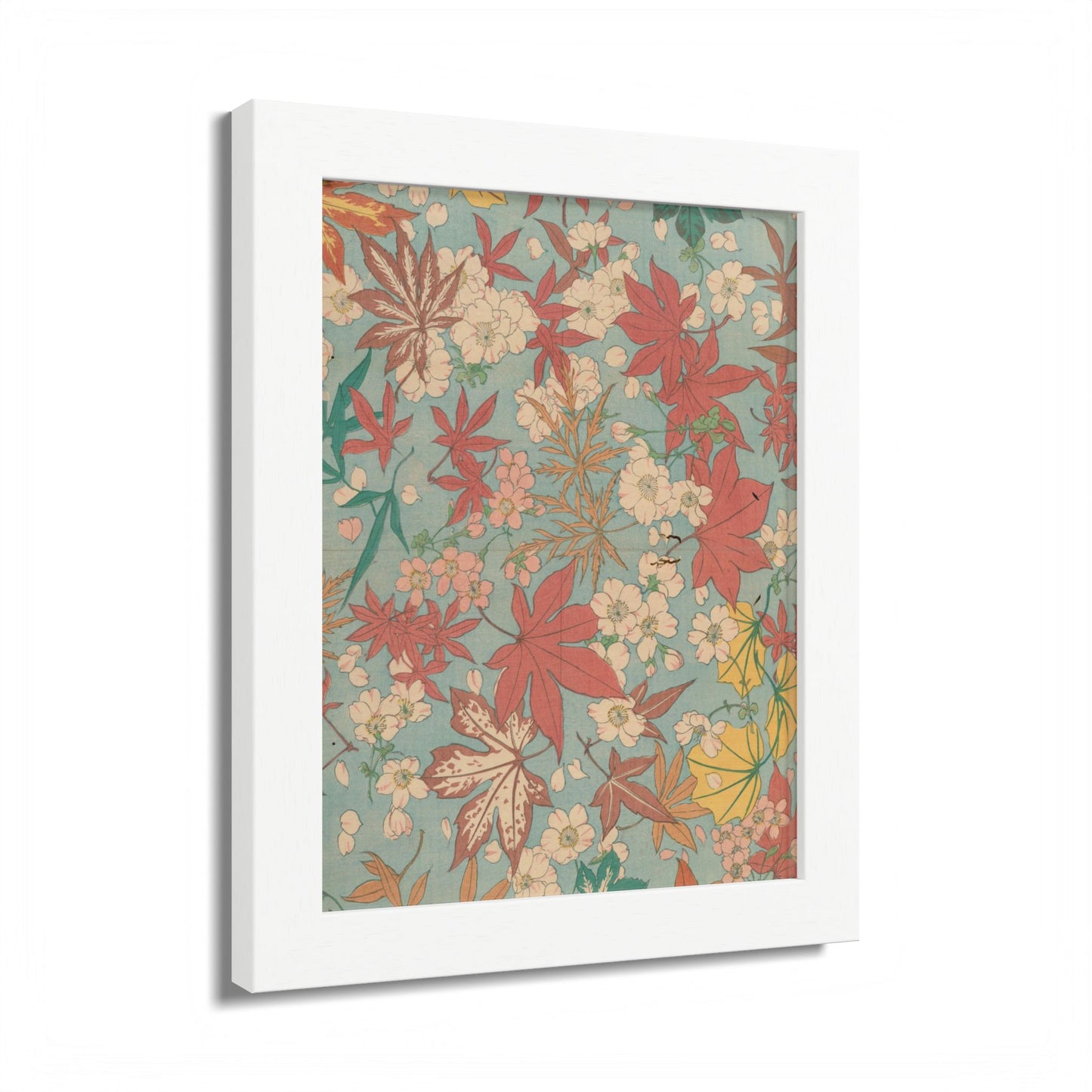 Antique Japanese Maple & Autumn Bloom Framed Poster - Meiji Era Nishikishu Wall Art