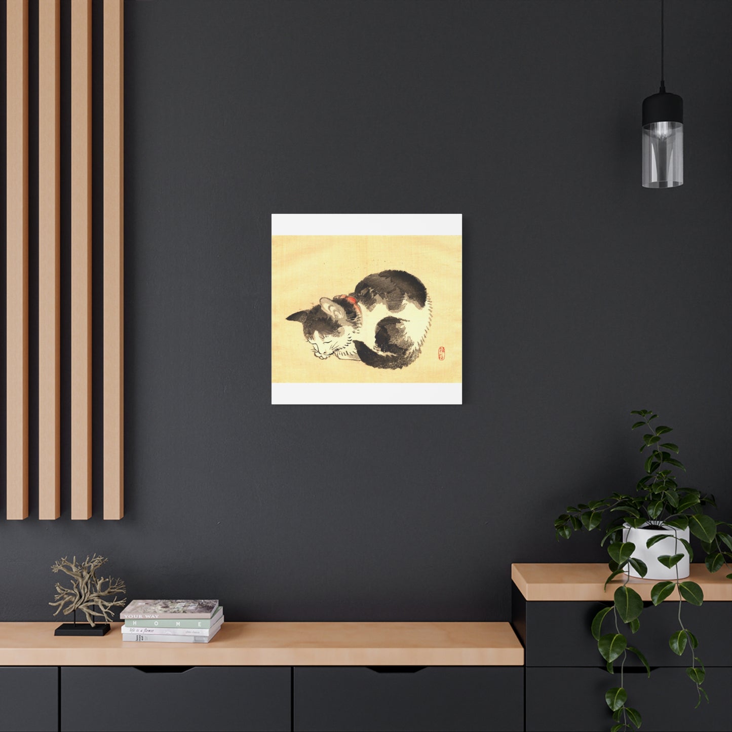 Sleeping Cat Vintage Sumi-e Canvas Print — Japanese Ink Cat Wall Art