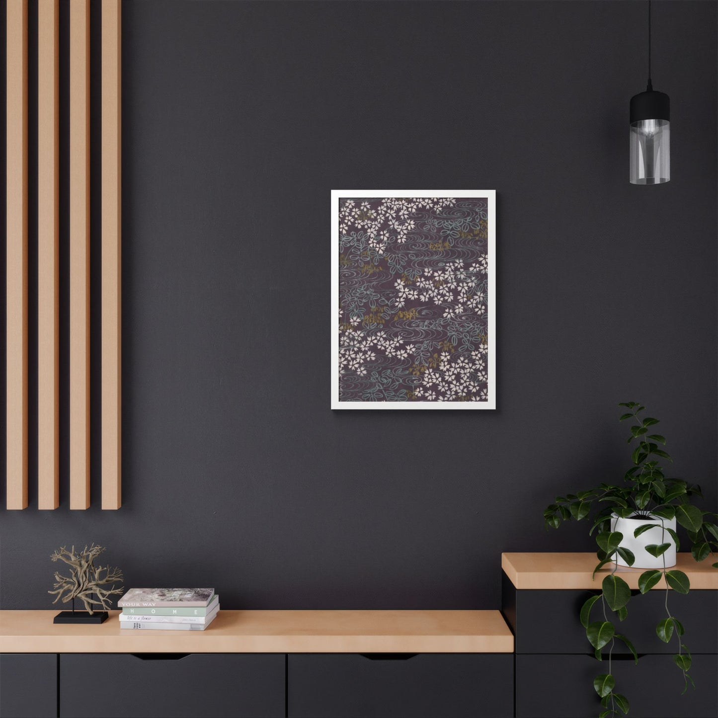 Antique Japanese Sakura River Framed Poster - Meiji Era Chiyogami Wall Art