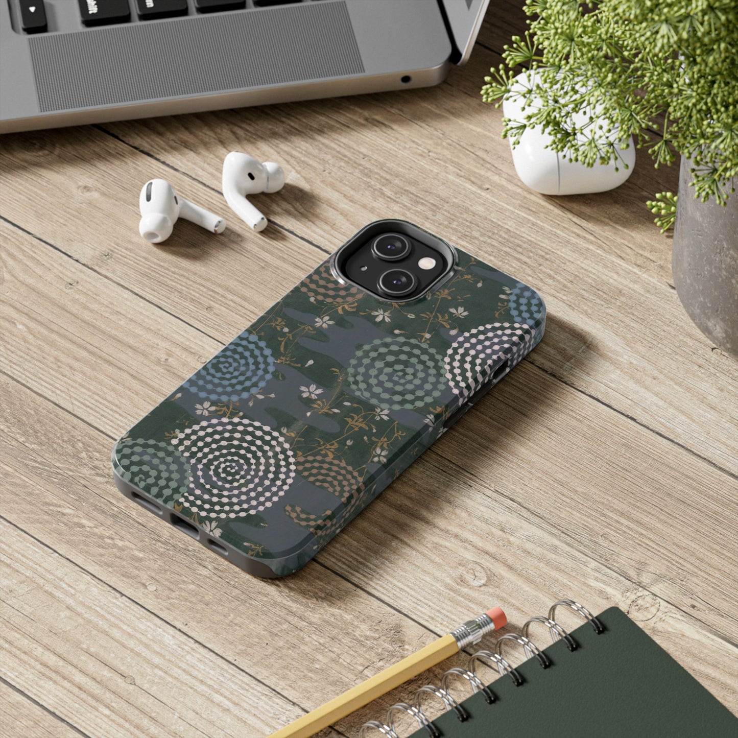 Meiji Era Uzumaki Spiral Phone Case | 1901 Zuan Hyakushu | Tokiwa Green Japanese Art