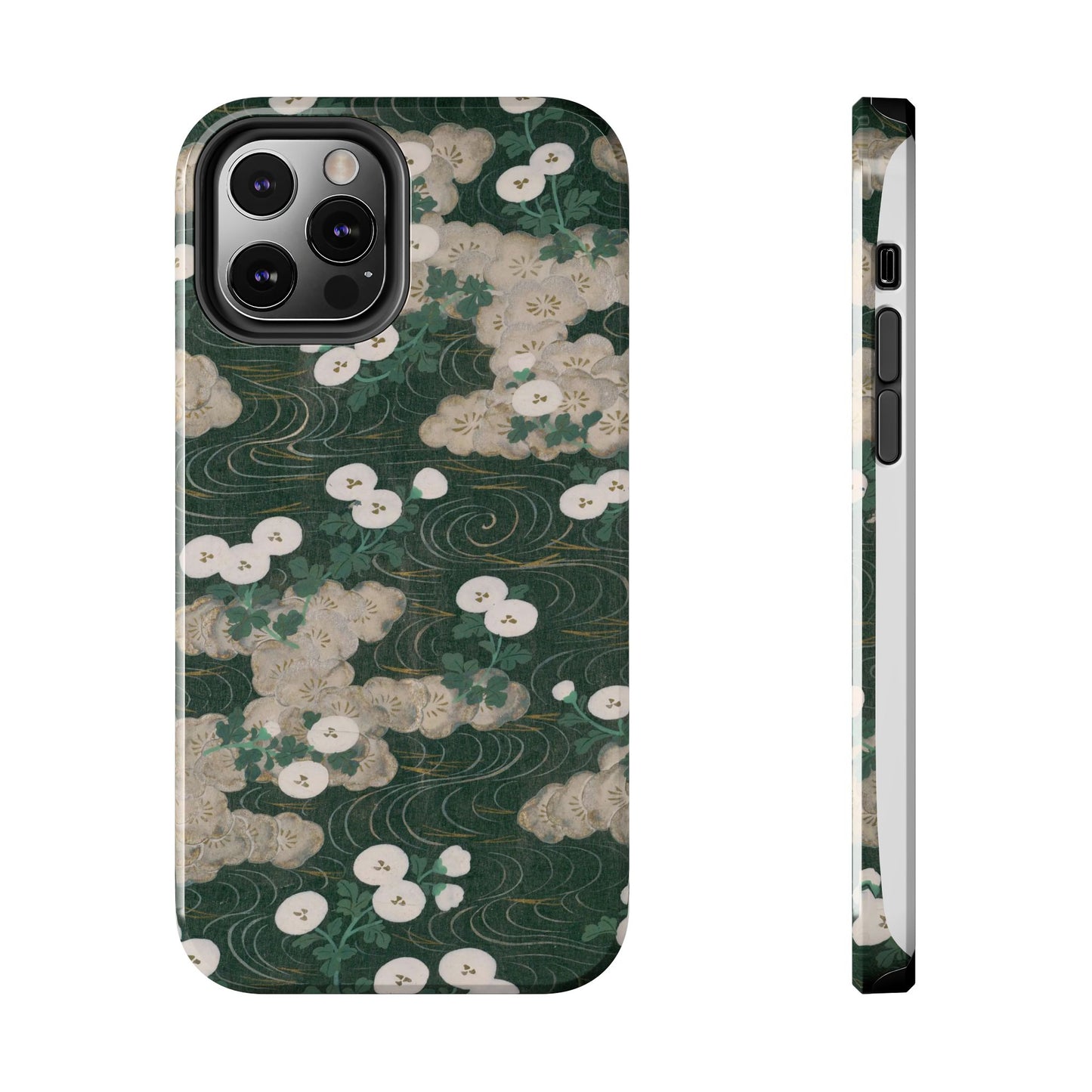 Meiji Era Flowing Water & White Flower Phone Case | 1901 Illustrated Compendium of 100 Designs | Forest Green Japanese Art